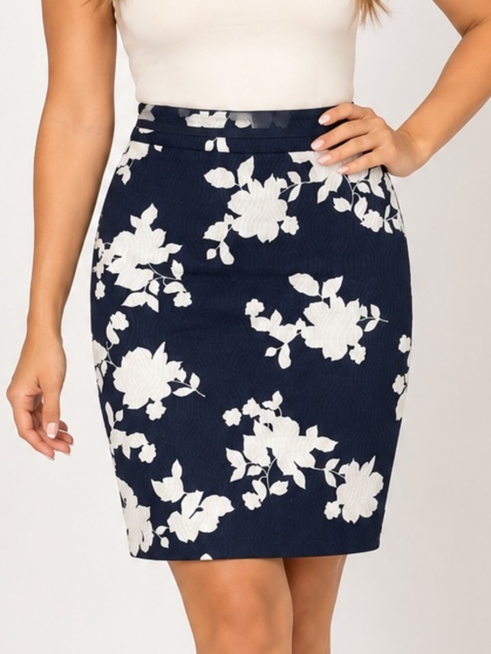 Talbots Navy Pencil Skirt with White Floral Print
